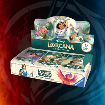 Disney Lorcana Archazia's Island Booster Pack Display open, showing 24 sealed booster packs