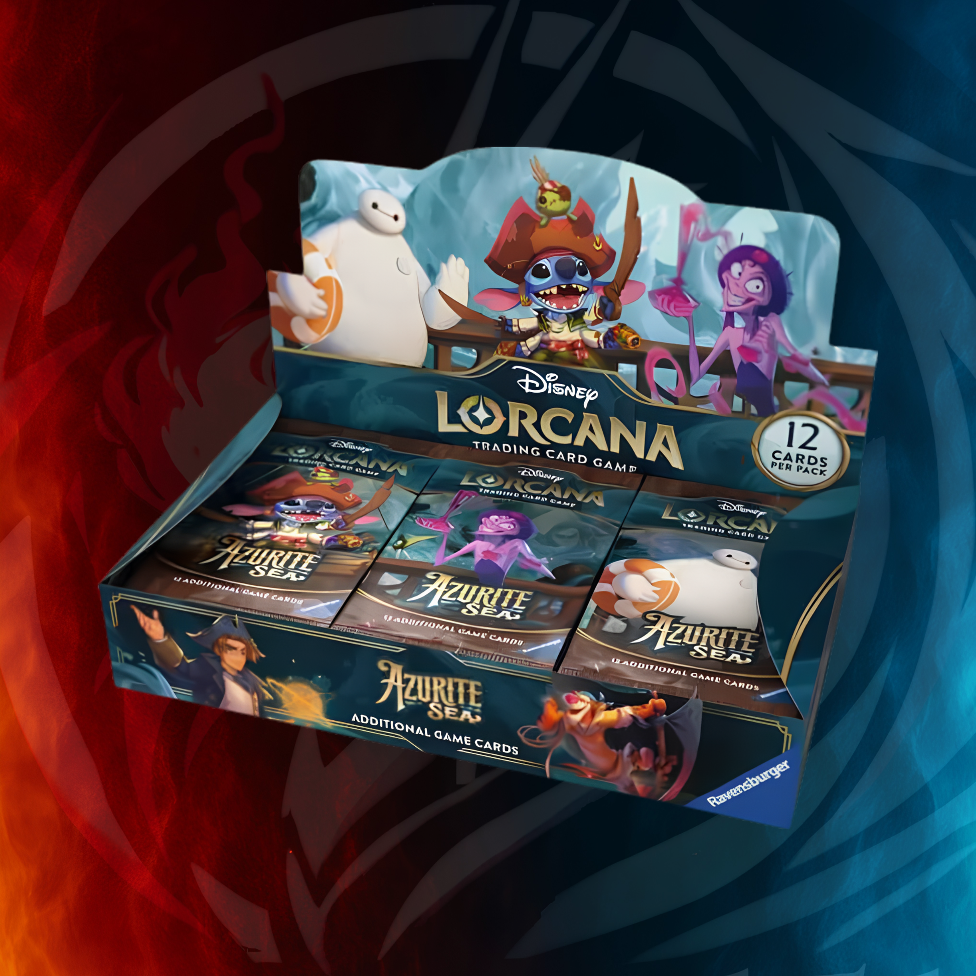 Disney Lorcana Azurite Sea Booster Pack Display open, showing 24 sealed booster packs