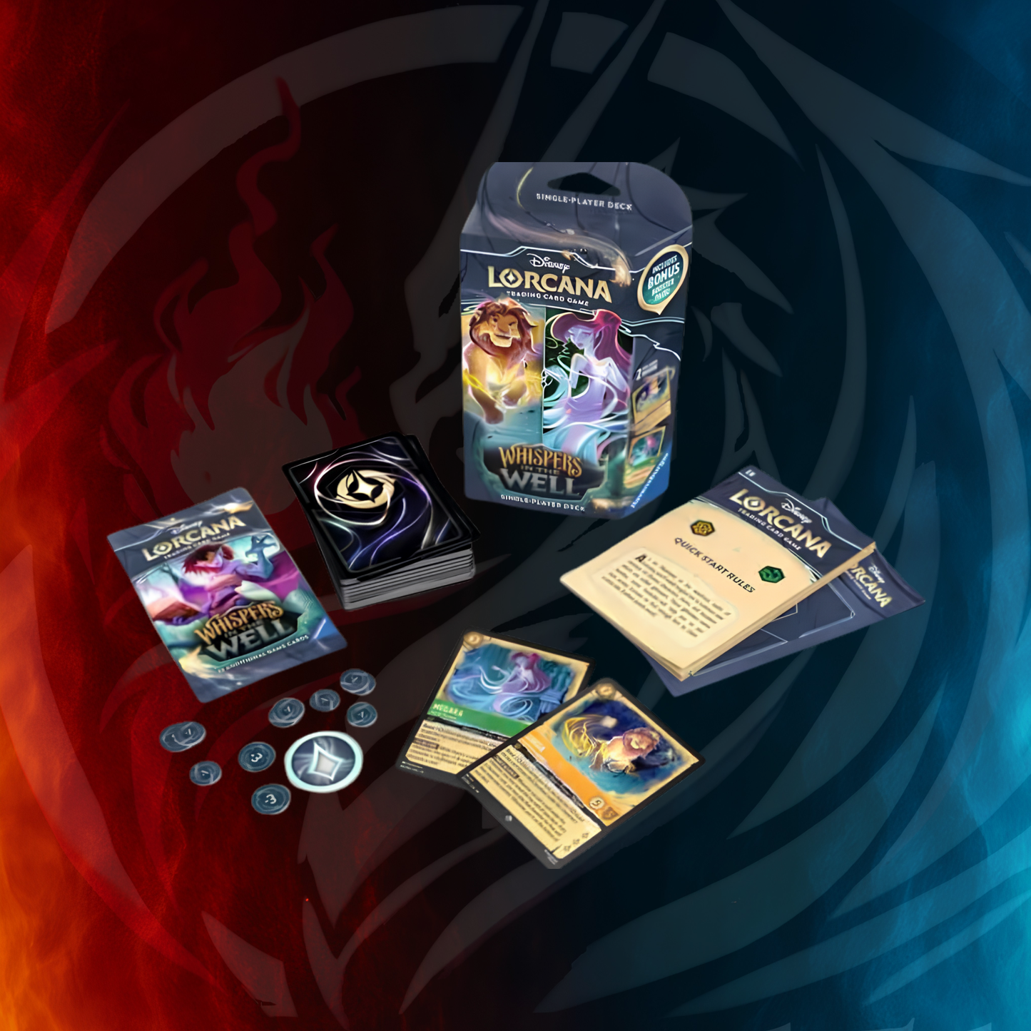 Disney Lorcana Whispers in the Well Single-Player Deck contents - cards, playmat and counters