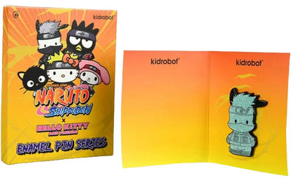 Open Naruto Shippuden x Hello Kitty enamel pin blind box with enamel pin displayed inside.