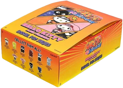 Side view of Naruto Shippuden x Hello Kitty enamel pin case box showing character art and collectible pin lineup.