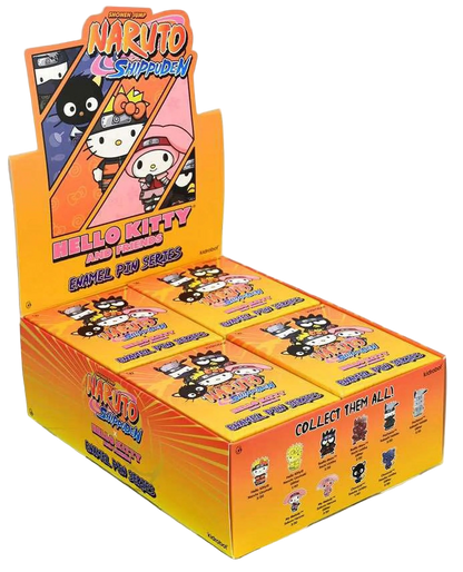 Naruto Shippuden x Hello Kitty enamel pin case display with multiple blind boxes arranged for retail presentation.