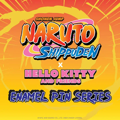 Naruto Shippuden x Hello Kitty and Friends enamel pin series logo on orange background.