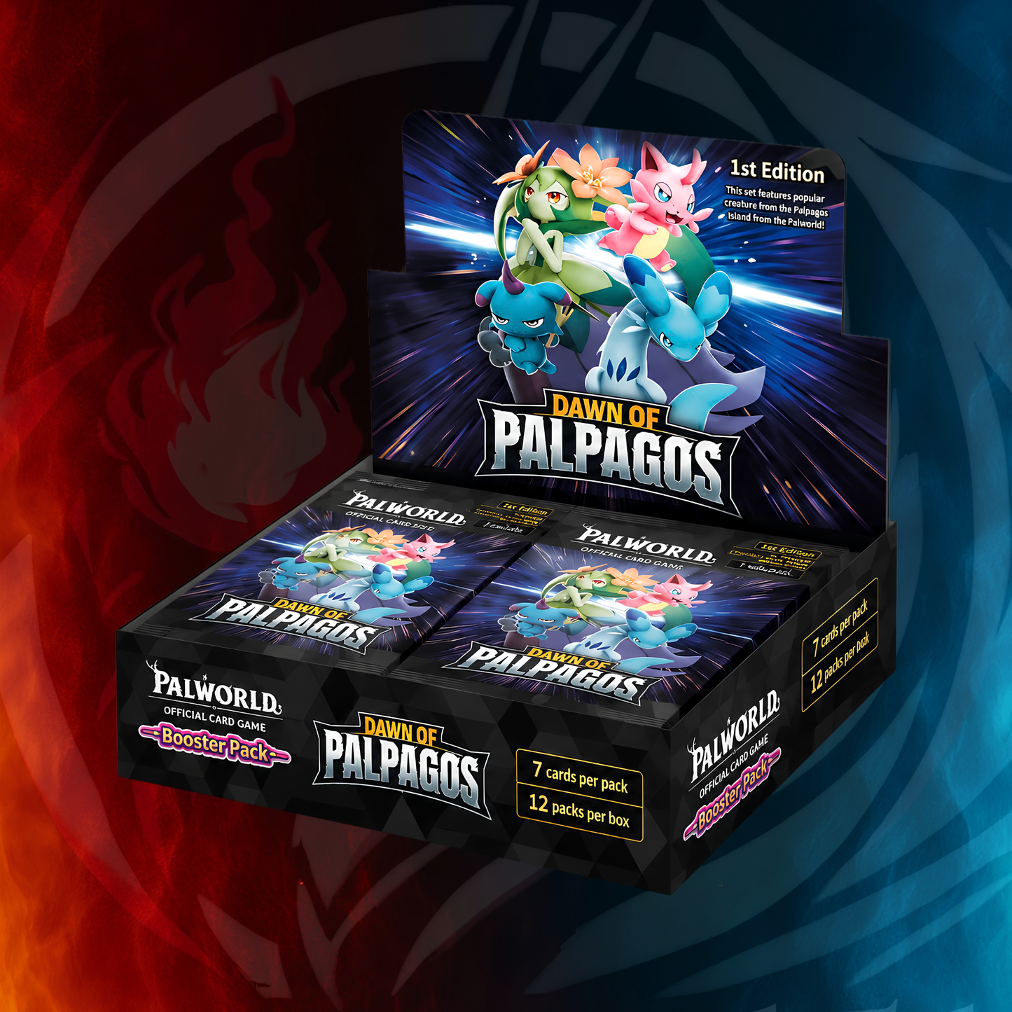 Palworld OCG: Dawn of Palpagos booster display box, open front, 12 packs