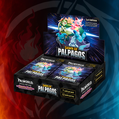Palworld OCG: Dawn of Palpagos booster display box, open front, 12 packs