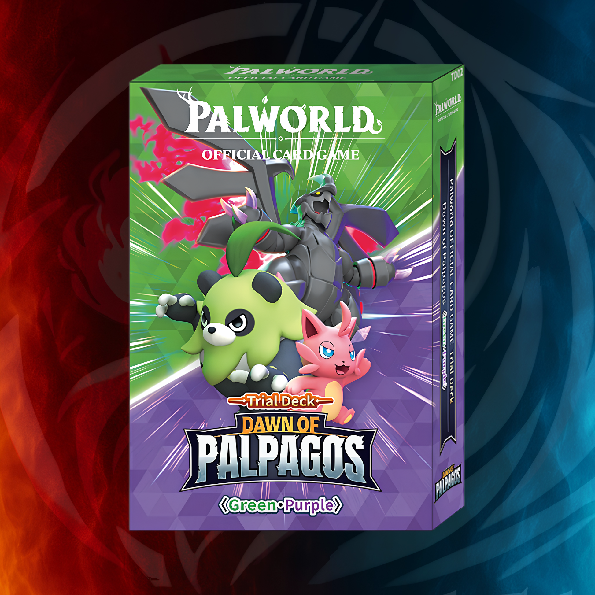 Palworld OCG Dawn of Palpagos Green & Purple Trial Deck box, sealed front