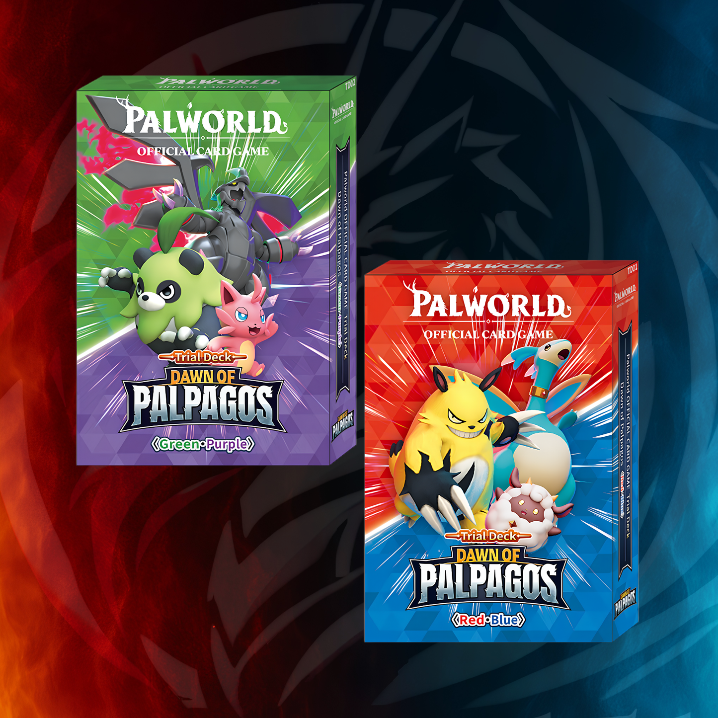 Palworld OCG Dawn of Palpagos Trial Decks lineup — Red & Blue with Green & Purple