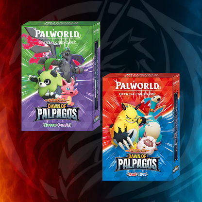 Palworld OCG Dawn of Palpagos Trial Decks lineup — Green & Purple with Red & Blue