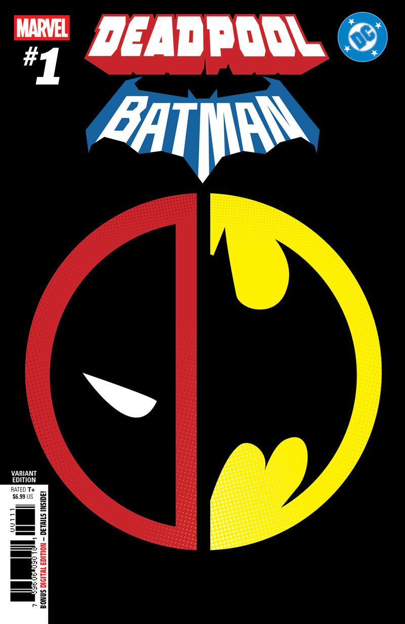 Marvel/DC: Deadpool/Batman #1 Insignia Mashup Variant comic book cover featuring combined Batman and Deadpool emblems, 2025 crossover one-shot distributed by Penguin Random House.