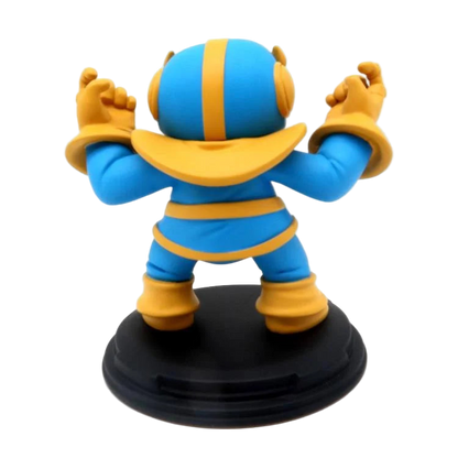 Rear view of Thanos Q-Fig diorama featuring his blue and gold armor and raised fists on a black display base.