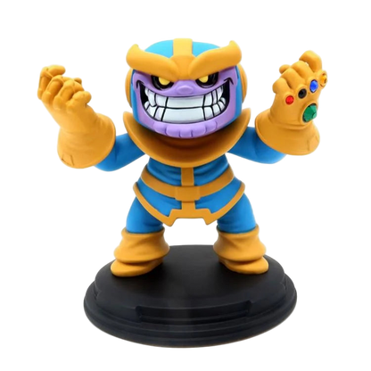 Front view of Thanos Q-Fig diorama with a wide grin, wearing the Infinity Gauntlet adorned with colorful gems.