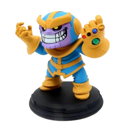 Left side angle of Thanos Q-Fig diorama showing his menacing smile, detailed armor, and Infinity Gauntlet gems.