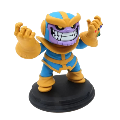 Right side angle of Thanos Q-Fig diorama highlighting his confident pose, gauntlet with Infinity Stones, and black base stand.