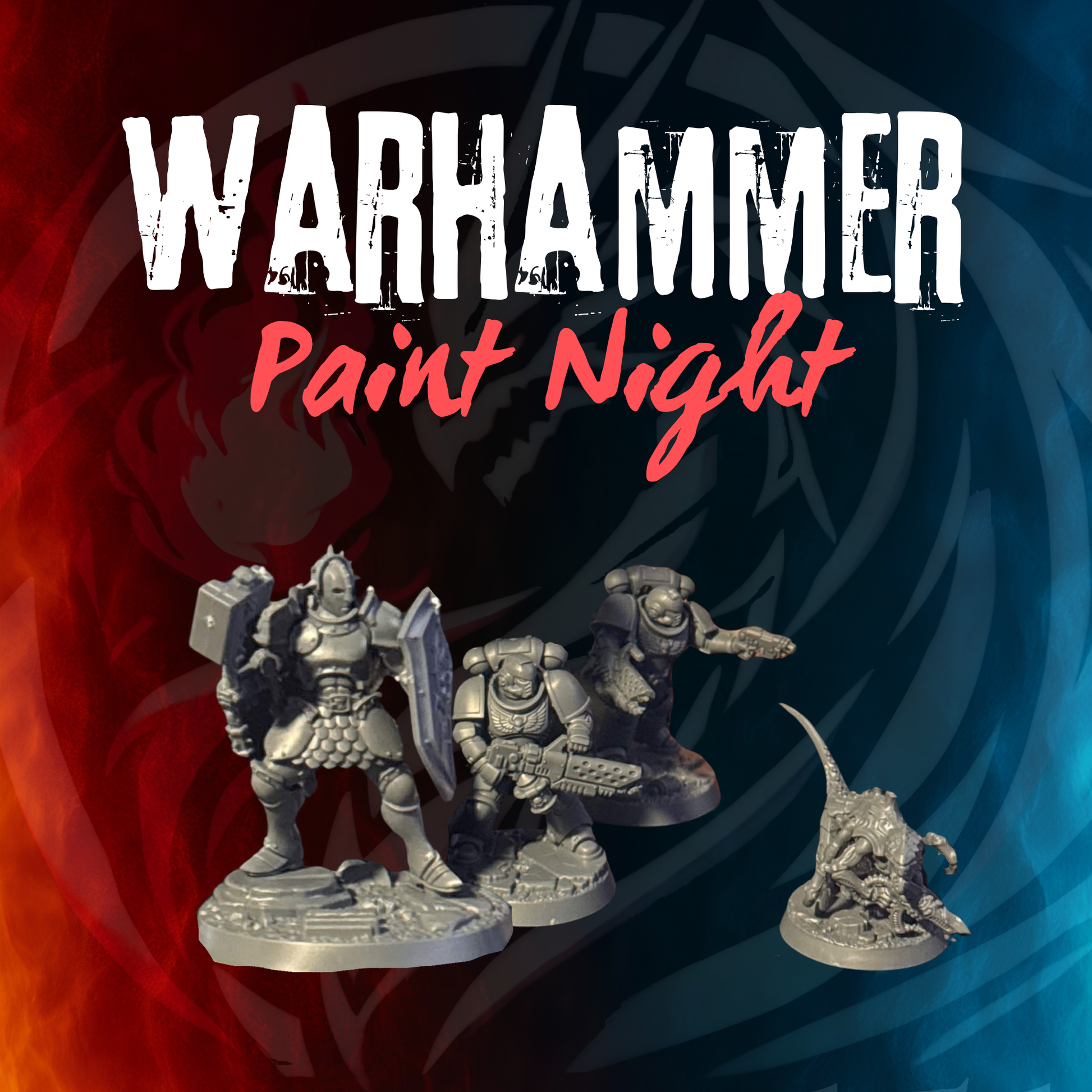 Warhammer 40K Paint Night at Prime 151 Collectibles, grey Space Marine miniatures on a fire and ice backdrop