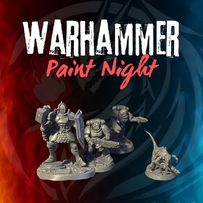 Warhammer 40K Paint Night at Prime 151 Collectibles, grey Space Marine miniatures on a fire and ice backdrop